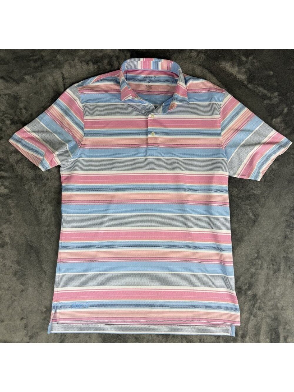 Johnnie O Newton Polo Mens M Tango Pink Blue Stripe Performance Golf UPF 50
